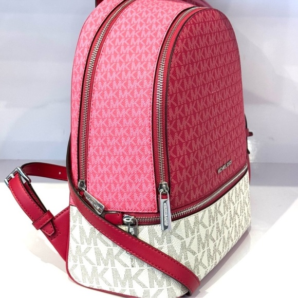 Michael Kors Rhea Medium Color-Block Signature Logo Backpack Dark Rasberry Multi - Picture 6 of 11